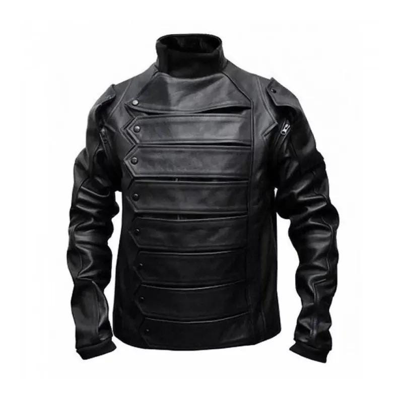 May include: A black leather jacket with a high collar and multiple horizontal panels across the chest. The jacket features a button closure and a fitted silhouette, with long sleeves and a zipper detail on the upper arm.