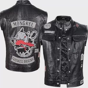 May include: Black leather vest with multiple patches. The back features a patch with the word "MONGREL" above a bulldog graphic and the words "FAREWELL ORIGINAL". The front has "ROAD CAPTAIN" and other patches. The vest has a stand-up collar and front pockets.