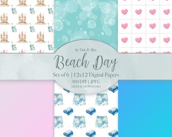 Beach Day, Digital Paper Pack, Scrapbooking, Digital Background, Summer, Commercial Personal Use, Pink, Blue, Seamless, Instant Download