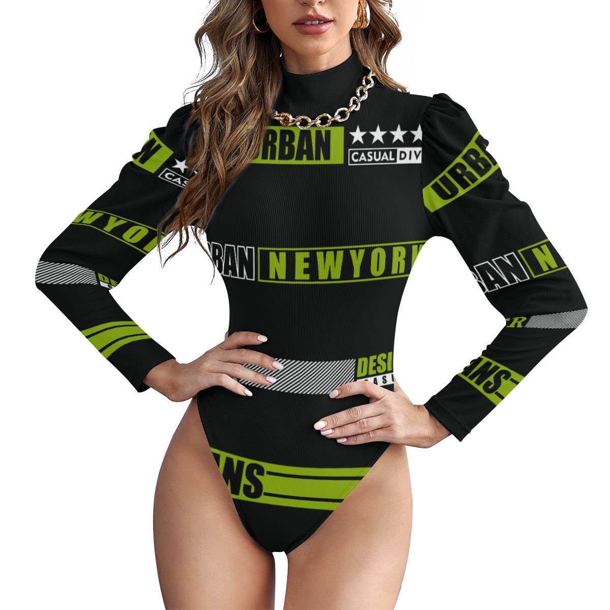 Discover Urban Style Women's Turtleneck Bodysuit With Puff Sleeve