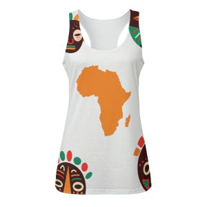 Débardeur pour femme respectueux de l'environnement, carte et masque de l'Afrique audacieuse, respirant et durable
