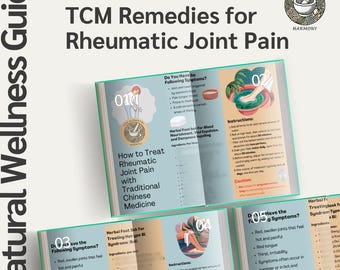 以下が含まれることがあります： 「Natural Wellness Guide」というタイトルのガイドで、「TCM Remedies for Rheumatic Joint Pain」というテキストが書かれています。ガイドはいくつかのページに開かれており、それぞれにイラストと伝統的な中国医学に関するテキストが掲載されています。