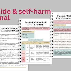 Pode incluir: Um diário em espiral intitulado "Suicide & self-harm journal" com páginas que detalham perguntas de avaliação de ideação suicida e etapas de avaliação de risco. As páginas apresentam texto e gráficos com seções codificadas por cores para fatores de risco e intervenções.