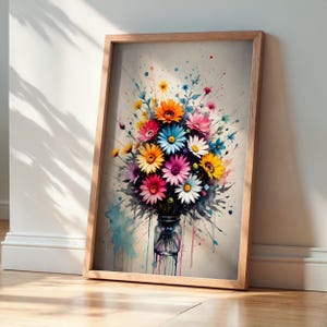 Bold Color Floral Bouquet Print, Abstract Botanical Wall Art, Watercolor Flower Poster, Vibrant Cottagecore Printable Decor