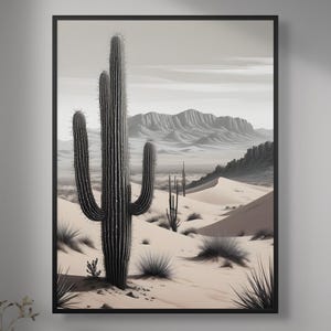 Minimaler Kaktus Landschaftsdruck - Schwarze und hellbraune Wüstenwandkunst, Neutrales Western Naturszenen Poster, Saguaro Kaktus Dekor