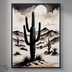 Monochrome Kaktus Landschaftsdruck - Vollmond Saguaro Szene, Boho Western Poster, rustikale Natur Wüste Wand Kunst Dekor