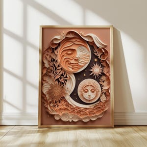 Sun and Moon Boho Wall Art, Celestial Beige Poster Print, Mystical Cosmic Decor for Bohemian Interiors, Moon and Sun Wall Art, Aesthetic Art