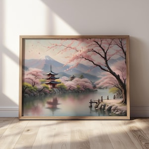 Japanese Sakura Landscape Wall Art, Cherry Blossom Watercolor Print, Tranquil Spring Nature Scene with Pagoda