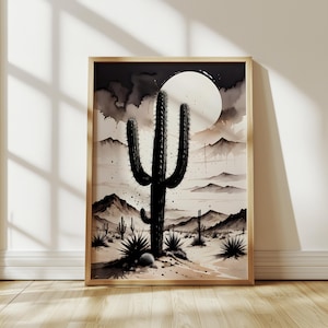 Black and White Cactus Silhouette Wall Art, Moonlight Desert Poster, Nighttime Boho Plant Print, Moody Monochrome Decor, Rustic Artwork