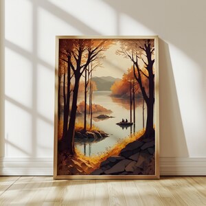 Fall Lake Landscape Wall Art, Autumn Tree Print with Boat, Rustic Nature Decor, Fall River Poster, Scenic Fall Wall Decor, Golden Autumn Art