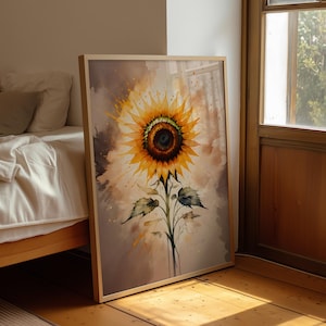 Vintage Sonnenblume Aquarell Wandkunst - Rustikaler botanischer Blumendruck, Bauernhaus gelbe Blume Poster für Dekor im Landhausstil