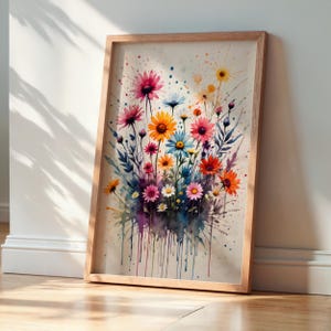 Watercolor Wildflower Wall Poster, Abstract Botanical Art Print, Vibrant Floral Splash Art, Colorful Printable Home Decor