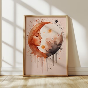 Terracotta Moon Face Print: Boho Celestial Wall Art (Digital Download)