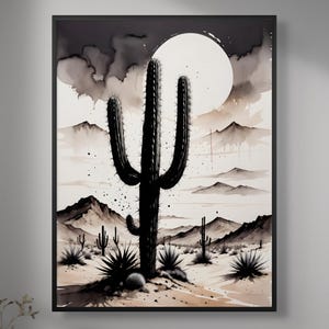 Mondstein Wüste Kaktus Wandbild - Vollmond über Saguaro, Südwestern Nacht Poster, Vintage Boho Wüstenlandschaft Druck