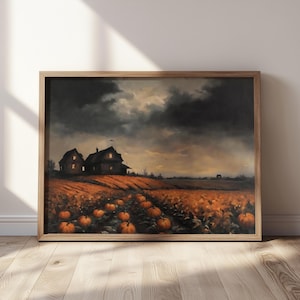 Vintage Halloween Pumpkin Field Art: Spooky Haunted House Landscape (Digital Download