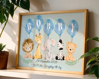 Personalized Baby Birth Poster, Safari Animals Nursery Wall Art