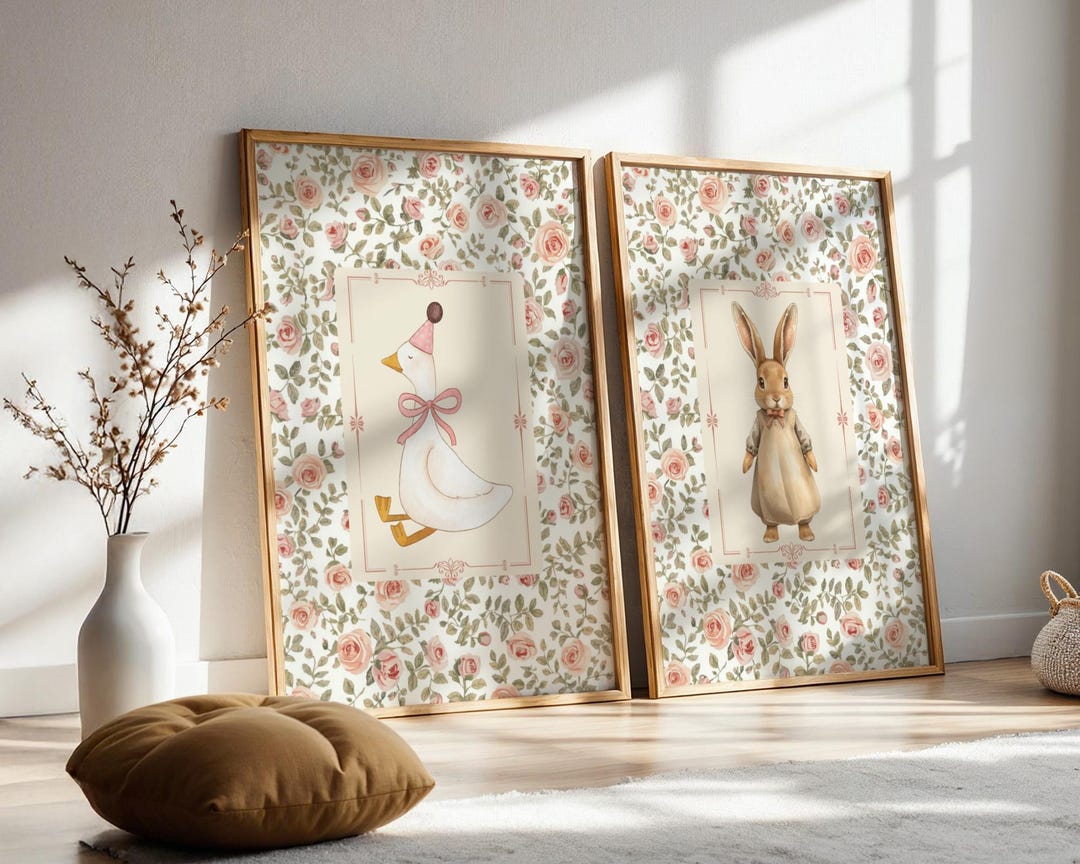 Vintage Nursery Wall Art Set of 2, Bunny and Goose Illustration - Etsy