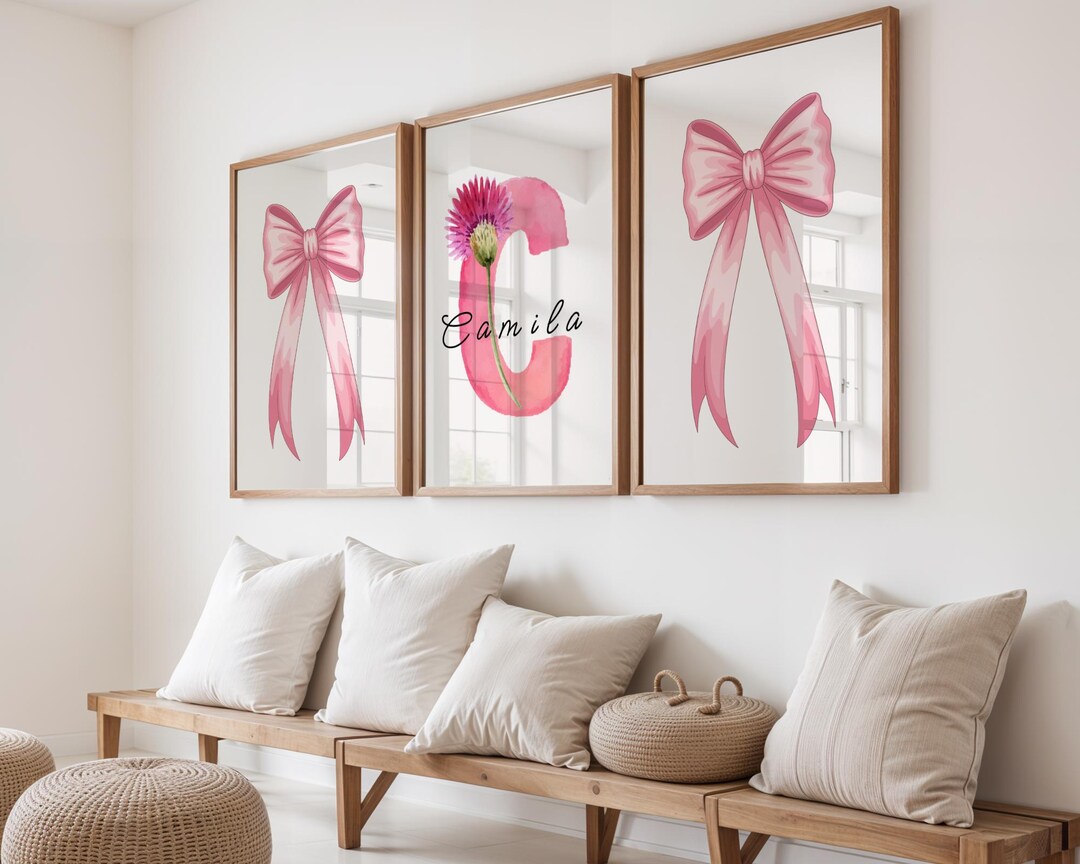 Pink Bow Wall Art Set, Floral Initial Nursery Print, Personalized Girl ...