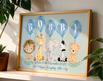 Safari Animal Nursery Print – Personalized Baby Name, Birth Stats (Digital Download)