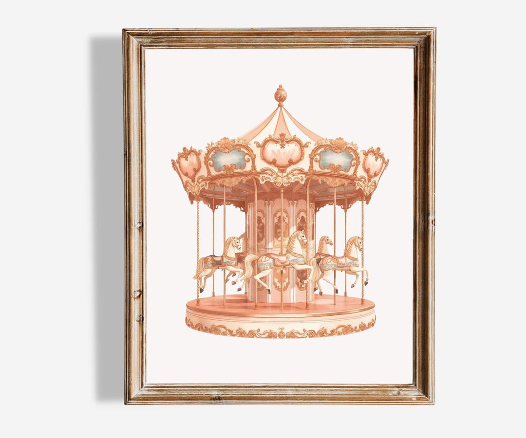 Vintage Carousel Wall Art, Pastel Pink Beige Merry-go-round ...