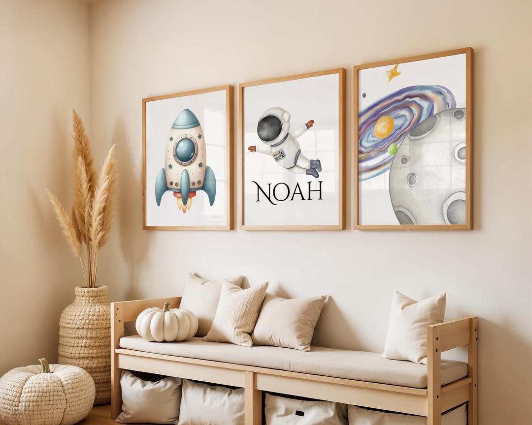 Personalized Space Nursery Wall Art Set of 3 – Astronaut, Rocket ...