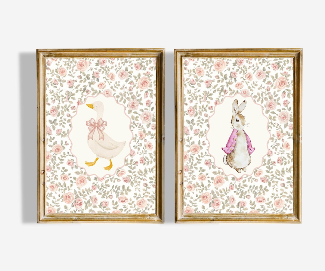 Vintage Bunny and Goose Nursery Art Prints, Floral Baby Room Decor ...