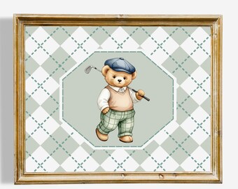 Arte de pared vintage de oso de peluche de golf, decoración imprimible para habitación infantil