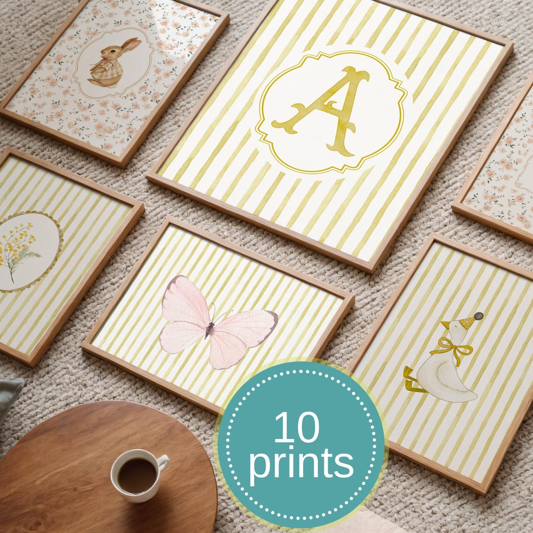 Vintage Nursery Wall Art Set of 10, Personalized Initial Print, Girl ...