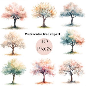 Può includere: Clipart di alberi ad acquerello con nove alberi diversi con fogliame colorato. Gli alberi hanno vari colori, tra cui rosa, giallo e blu. È visibile anche il testo "Watercolor tree clipart" e "40 PNGS".