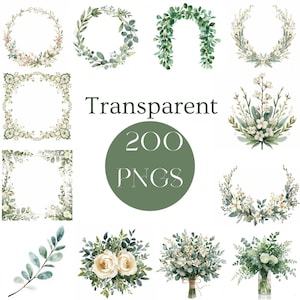 Könnte beinhalten: Eine Sammlung von Aquarell-Blumendesigns, darunter Kränze, Blumensträuße und Rahmen. Die Designs zeigen verschiedene grüne und weiße Blätter und Blumen. Das Wort "Transparent" und die Zahlen "200 PNGS" sind ebenfalls sichtbar.