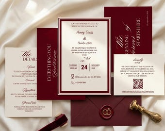Luxury Old Money Wedding Invitation Suite Template, Timeless Wedding Invite, Elegant Red and Cream Invitation Set, , Instant Download