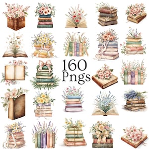 Wildflower Books Watercolor Clipart Bundle, Cottagecore Book Stack (60PNG) (Digital Download)