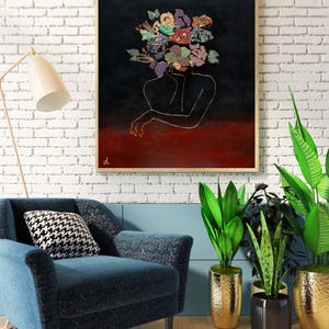 Originele handgeschilderde abstracte bloemenkroon | Moderne boho-botanische muurkunst voor kleurrijke kunst aan de muur