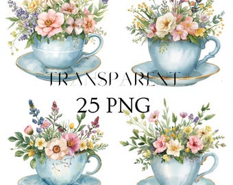 Watercolor Vintage Floral Teacup Clipart, Tea Party PNG Bundle