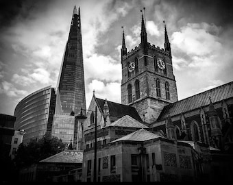 Old and new London - Black and white 10x7 print featuring the Shard and Southwark Cathedral