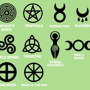 May include: A black and white illustration of ten different pagan symbols, including the Triple Spiral, Triquetra, Spiral Goddess, Triple Moon, Suncross, Wheel of the Year, Hecate's Wheel, Pentacle, Horned God, and Blessing.