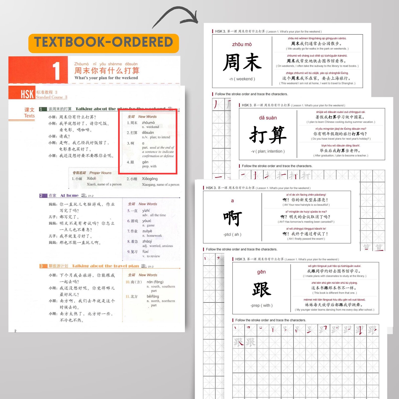 Writing workbook with pinyin and examples.
