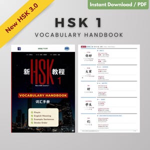 Op de afbeelding: Een vocabulairehandboek voor HSK 1 met de titel "VOCABULARY HANDBOOK" in het Engels. De omslag toont Chinese karakters en Engelse tekst, met een stadsgezicht op de achtergrond. Het handboek bevat Pinyin, Engelse betekenissen, voorbeeldzinnen en strekenvolgorde.