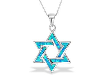 Sterling Silver Star of David Necklace with Light Blue Opal, Jewish Gift for Women, Adjustable Chain Judaica Jewelry, Israel Support Pendant