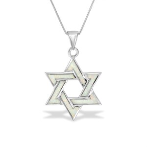 Sterling Silver Star of David Necklace with Light Blue Opal, Jewish Gift for Women, Adjustable Chain Judaica Jewelry, Israel Support Pendant