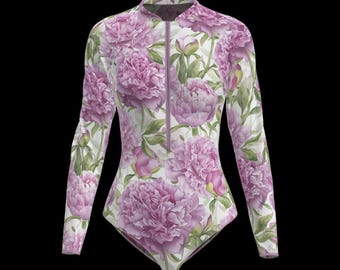 Traje de baño de una pieza con cremallera y protección solar FPS 35 - Estampado de peonías - Pitaya