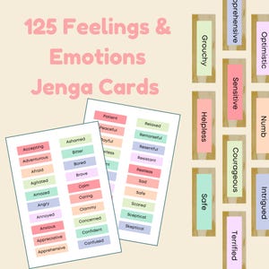 Puede incluir: Un juego de cartas Jenga diseñado para ayudar a identificar y comprender sentimientos y emociones. Las cartas son de varios colores y presentan palabras como "Aceptando", "Enojado" y "Relajado". El texto "125 Feelings & Emotions Jenga Cards" está en la parte superior.