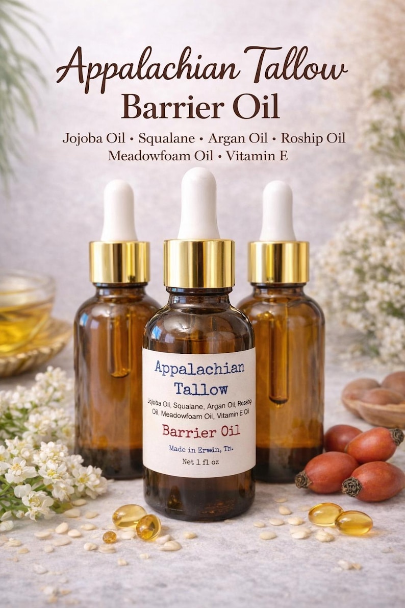 May include: Three amber glass bottles of Appalachian Tallow Barrier Oil with white droppers and gold collars. The label lists ingredients like Jojoba Oil and Vitamin E. The bottles are 1 fl oz each.
