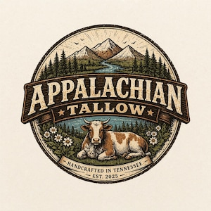 May include: Circular logo design featuring the text "Appalachian Tallow" above an illustration of a cow, mountains, and trees. The words "Handcrafted in Tennessee" and "Est. 2025" are also included in the design. The color palette includes brown, green, and blue.