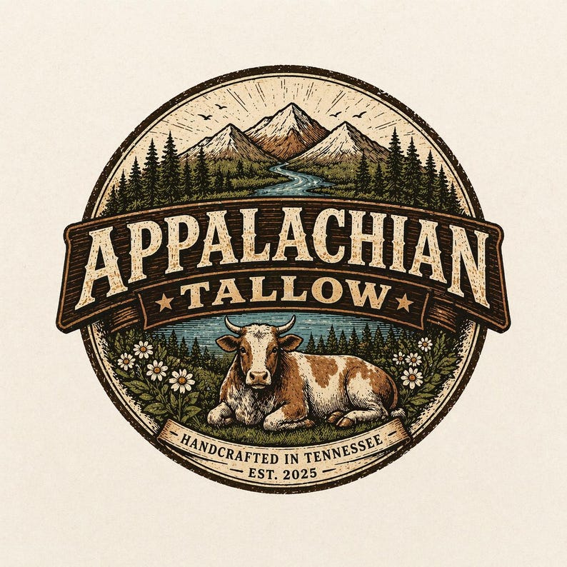 May include: Circular logo design featuring the text "Appalachian Tallow" above an illustration of a cow, mountains, and trees. The words "Handcrafted in Tennessee" and "Est. 2025" are also included in the design. The color palette includes brown, green, and blue.