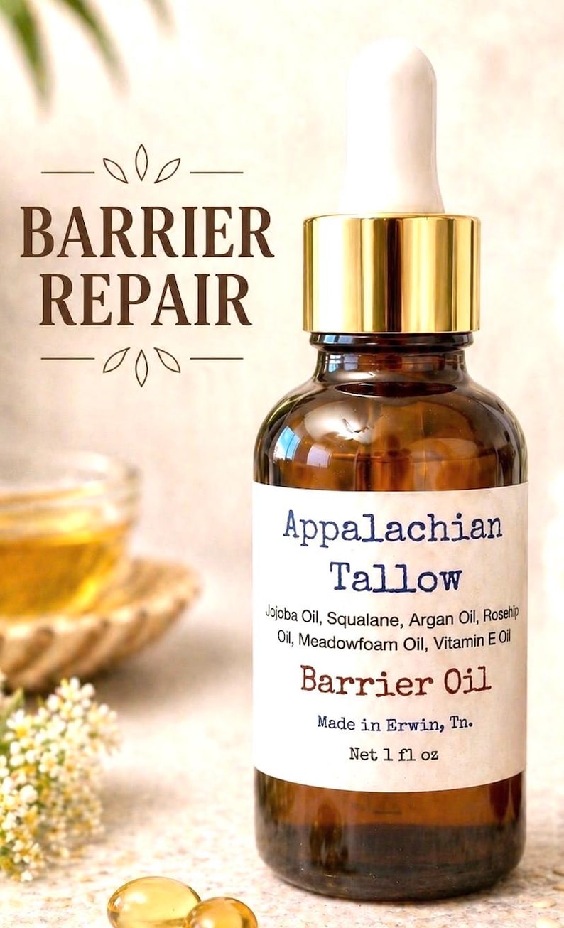 May include: A brown glass bottle of Appalachian Tallow Barrier Oil with a gold cap and white dropper. The label lists ingredients like Jojoba Oil and Vitamin E Oil. Text reads "Barrier Repair".