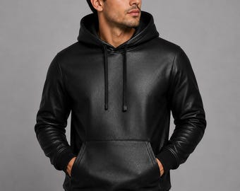 Echt leren hoodie voor heren | Zwarte minimalistische streetwear-trui