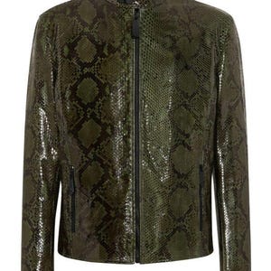 Puede incluir: Chaqueta verde y negra con estampado de piel de serpiente, cuello alzado y cremallera completa. La chaqueta tiene dos bolsillos verticales con cremallera y mangas largas. El material tiene un acabado brillante.