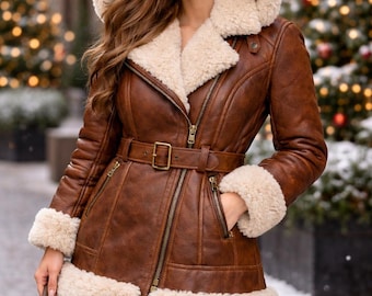 Brown Shearling Leather Jacket with Hood, Belted Aviator Winter Coat