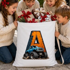 Personalized Christmas Gift Sack for Kids, Monster Truck Gift Bag, Monogram Santa Sack, Reusable Gift Wrap, Kids Laundry Travel Bag